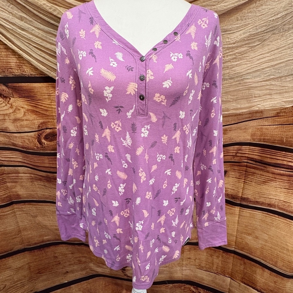 Eddie Bauer Womens Waffle Texture Long Sleeve Lavender Floral Print Top Size XL